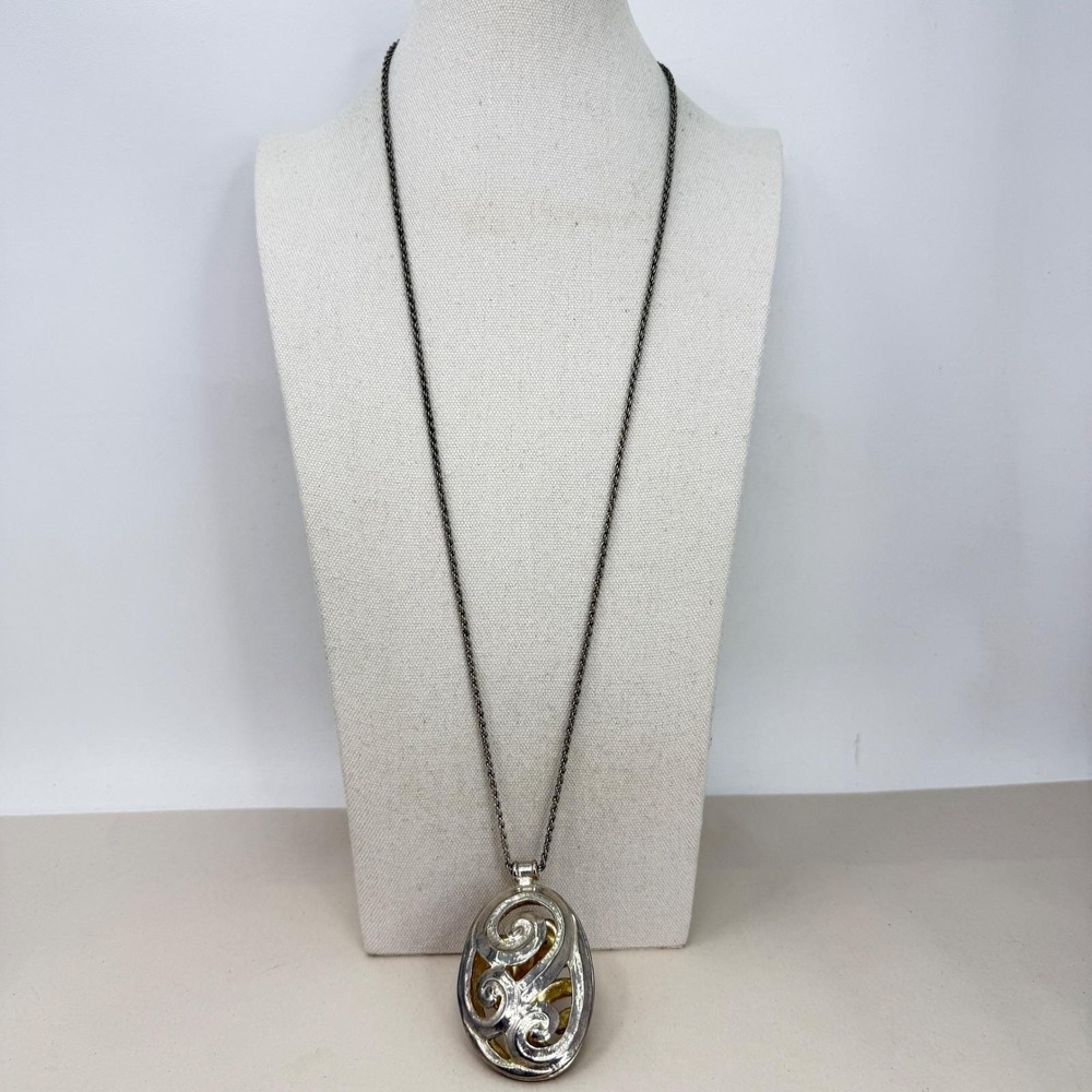 Oval Filigree Scroll Pendant Necklace Bold Statement Long Length Silver Tone - Picture 2 of 8